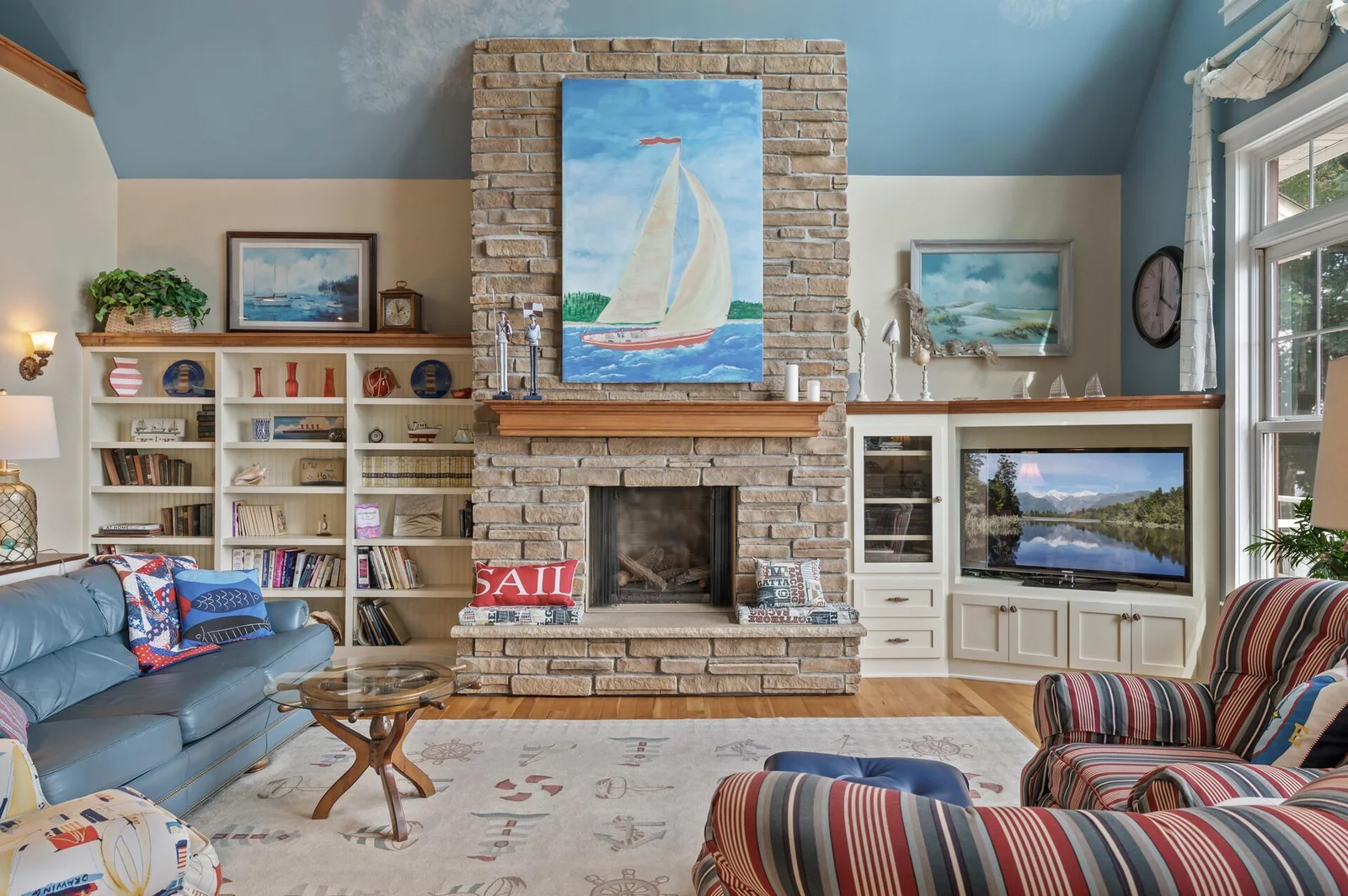 Floor to ceiling stone gas fireplace!