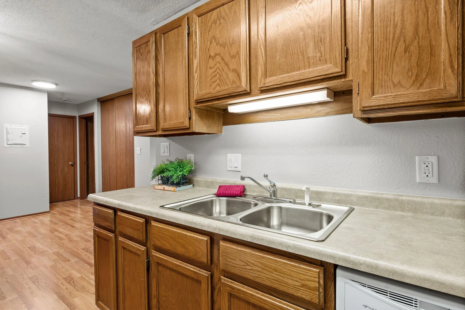 Double stainless sink and ample cabinetry!