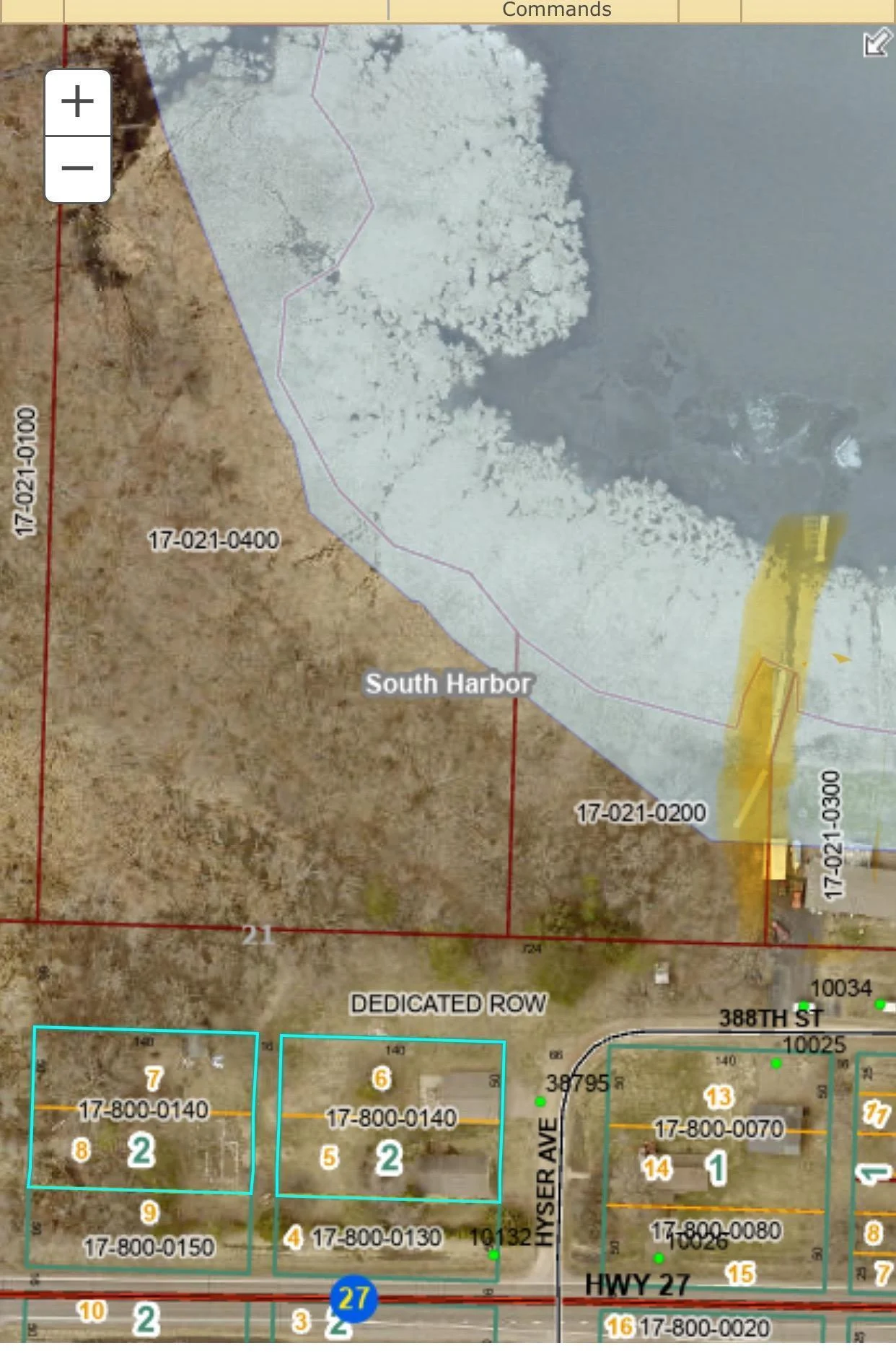 Highlighted area is a rough estimate of the 20 foot easement.