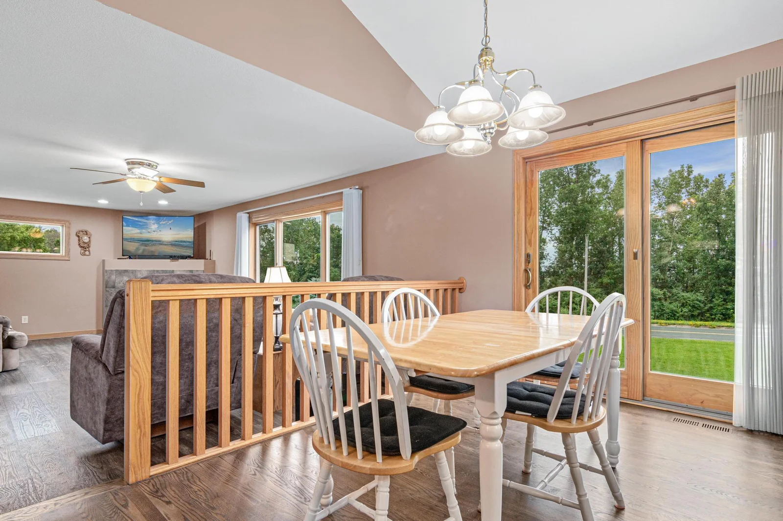 The kitchen overlooks the living room.