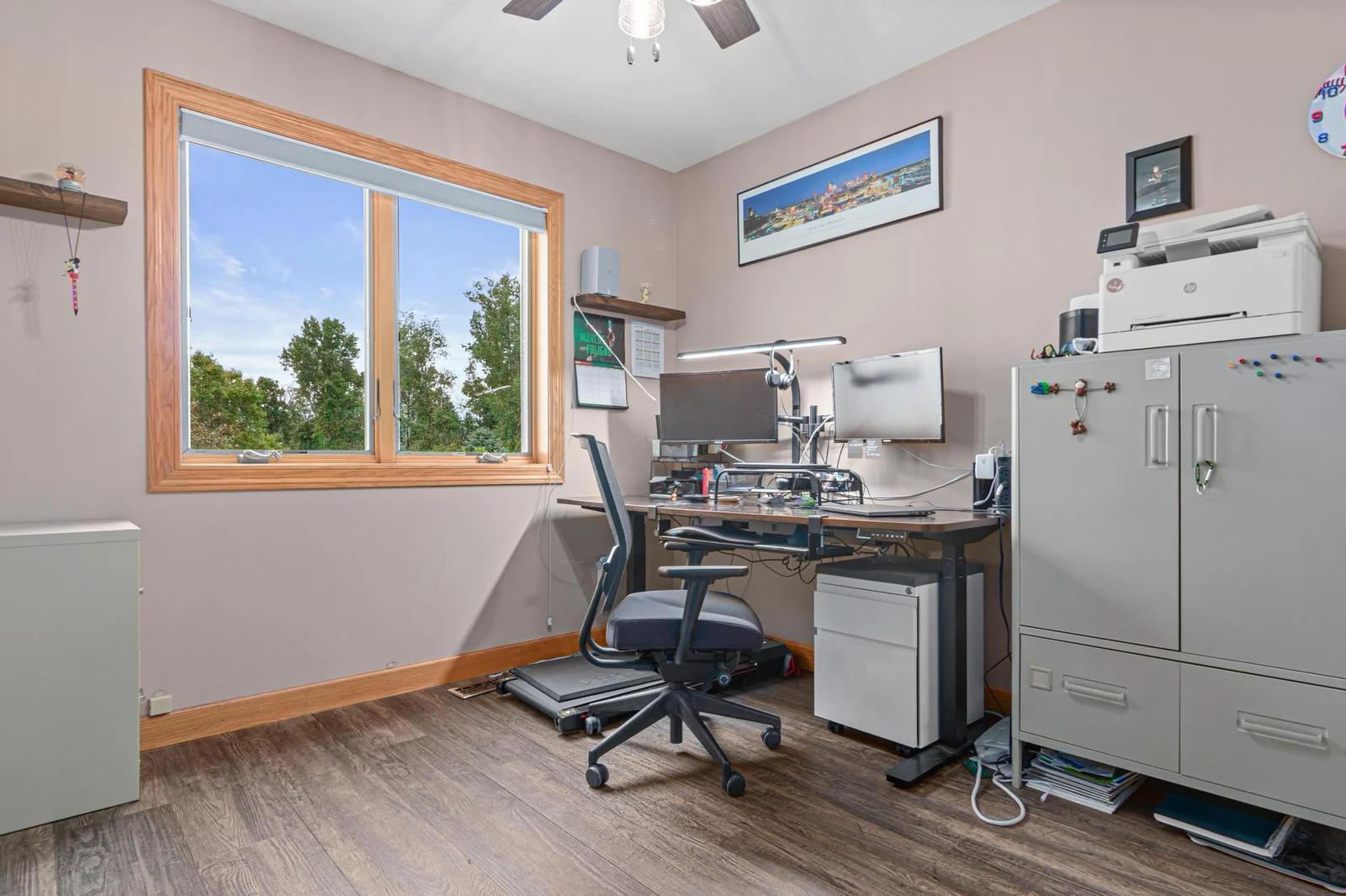 The main floor bedroom can be used as an office. It is also a great option for visitors because it is next to a bathroom with a shower.