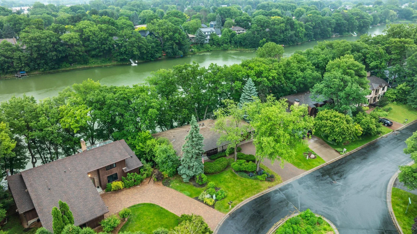 Aerial view shows the mature canopy of trees in the neighborhood.