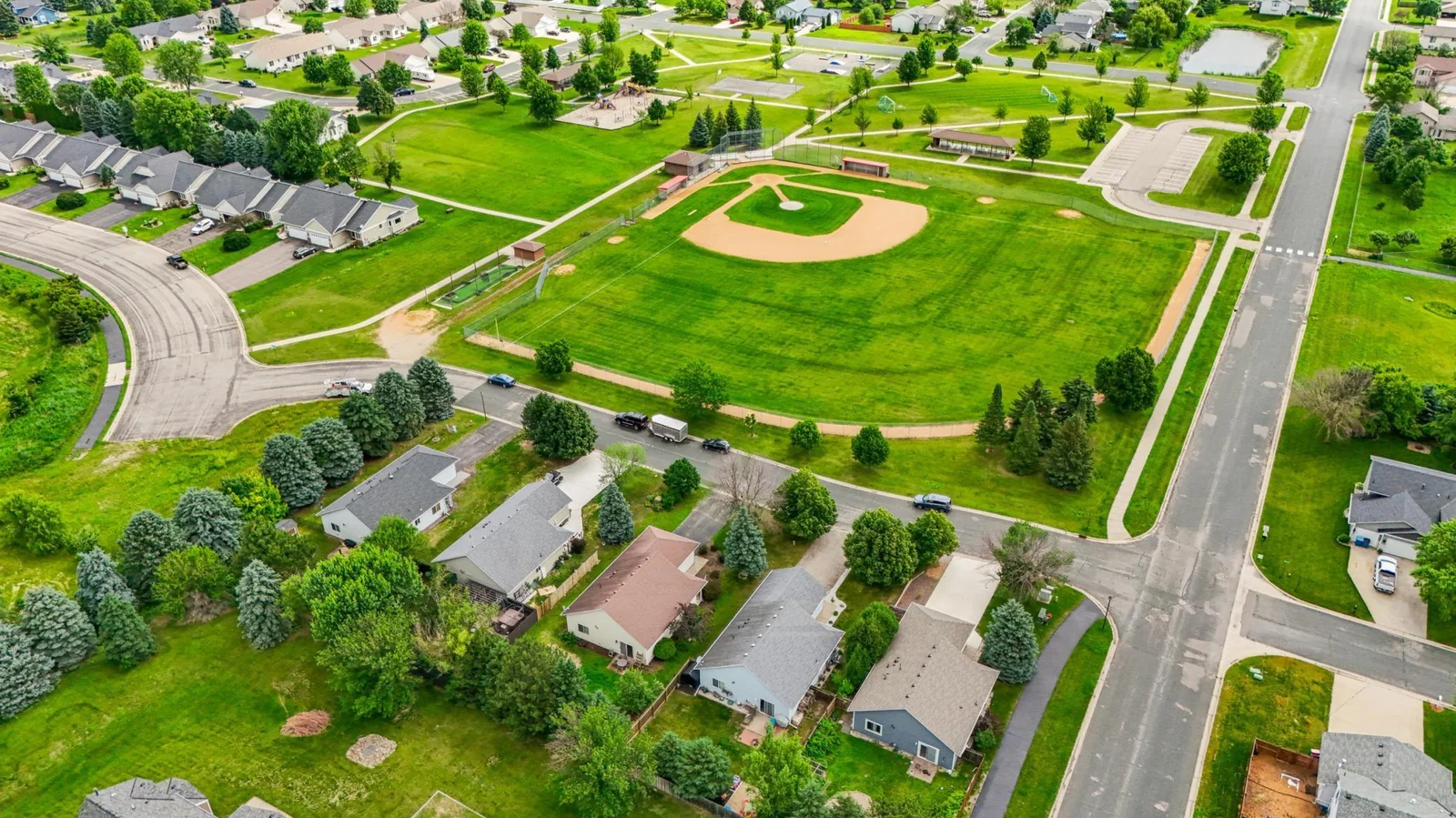 This home is close to a park with a baseball field, playground, park pavilion, skate park, soccer field and basketball hoops.