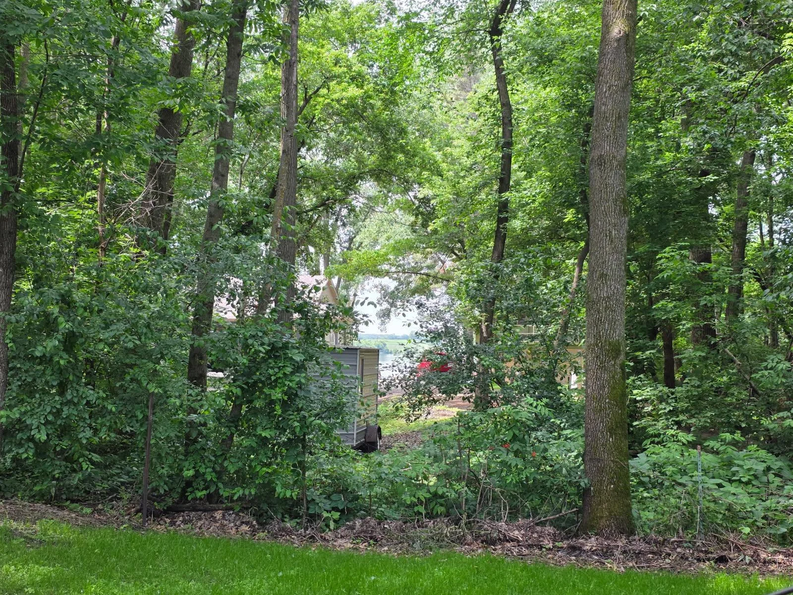 Limited lake view from Unit 63 has pretty trees, green grass, a great parking pad for a heavy RV and a nice level pad for a shed.