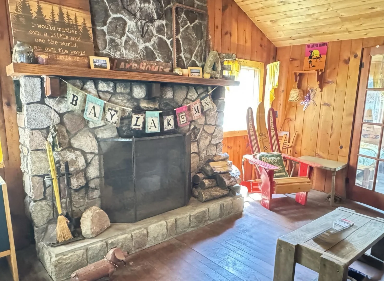White cabin classic stone fireplace