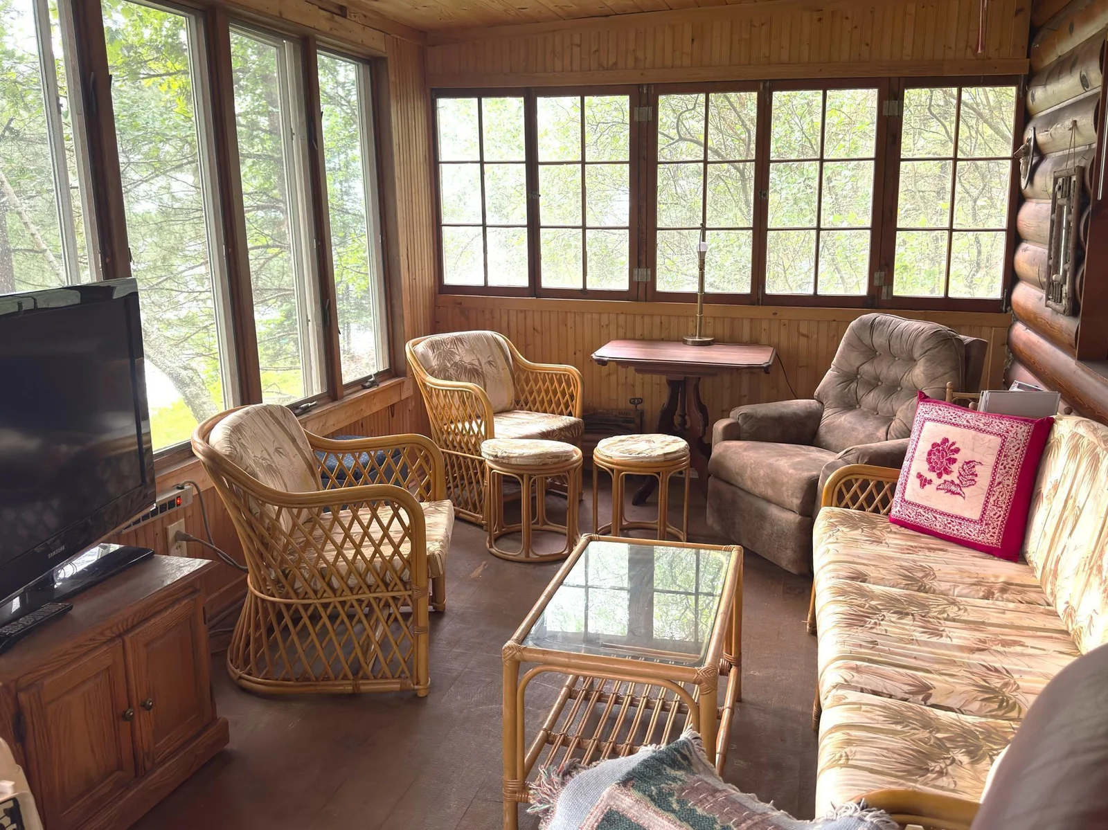 Red cabin lakeside porch