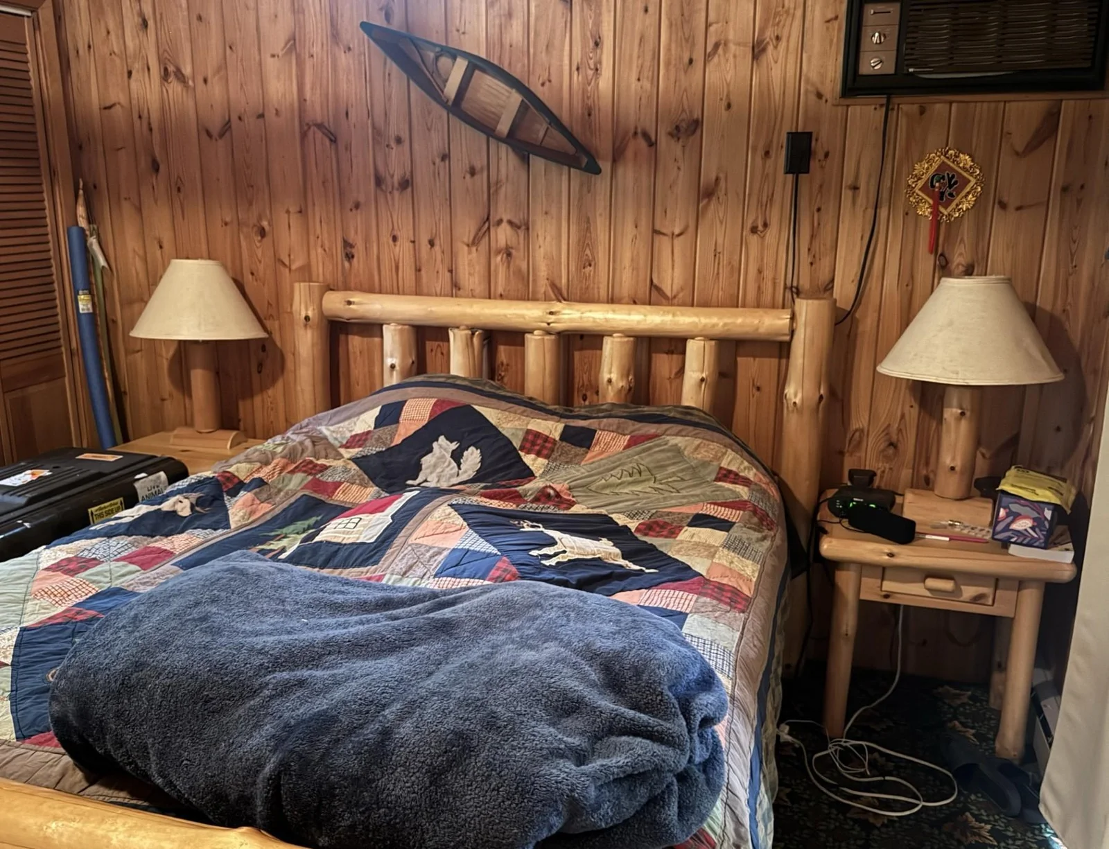 Red cabin primary bedroom