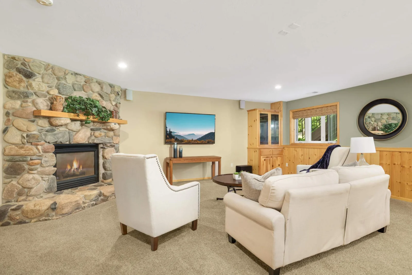 Put your feet up and enjoy the fire as you gaze into the real stone front of the cozy gas fireplace in the lower level.