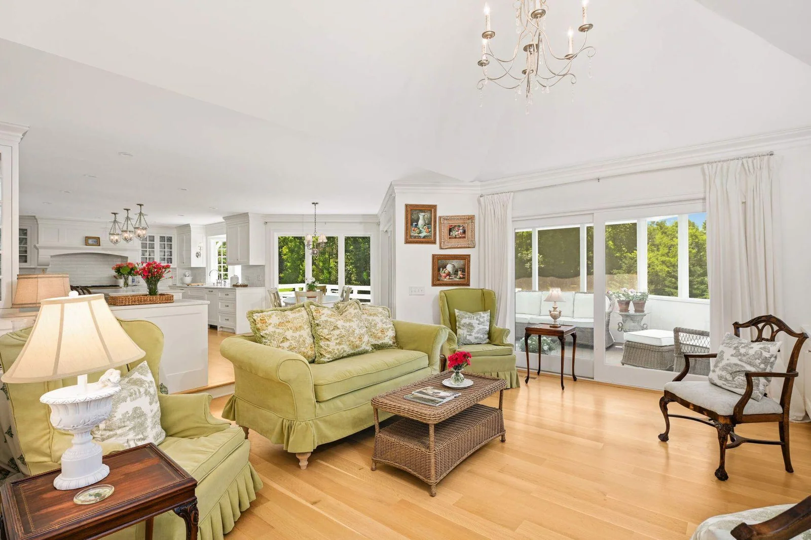 The family room also features vaulted ceilings, and the step down makes it cozy and comfortable.