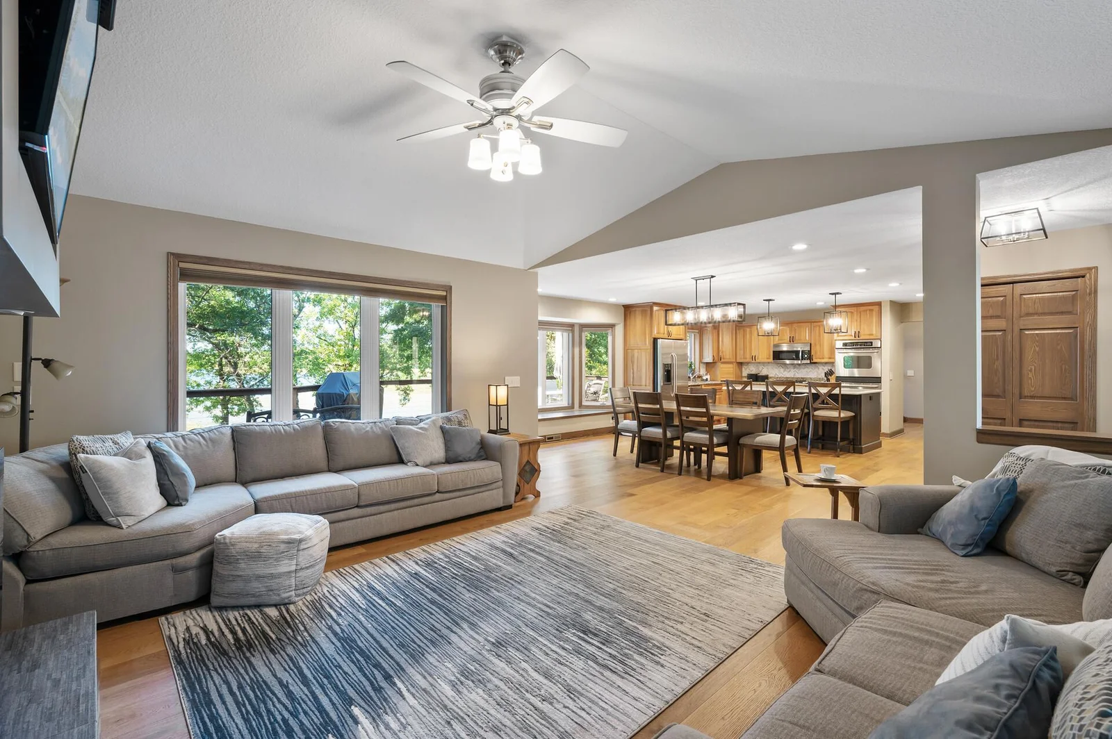 View from the living room to the dining and kitchen areas.