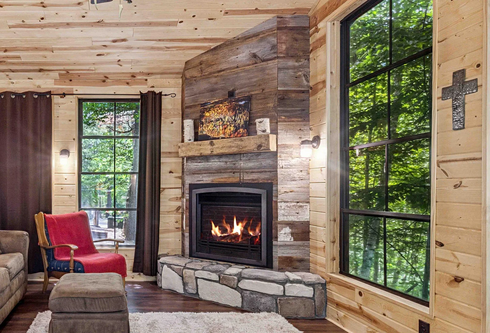 Enclosed porch with EZ Breezy Windows and Gas Fireplace
