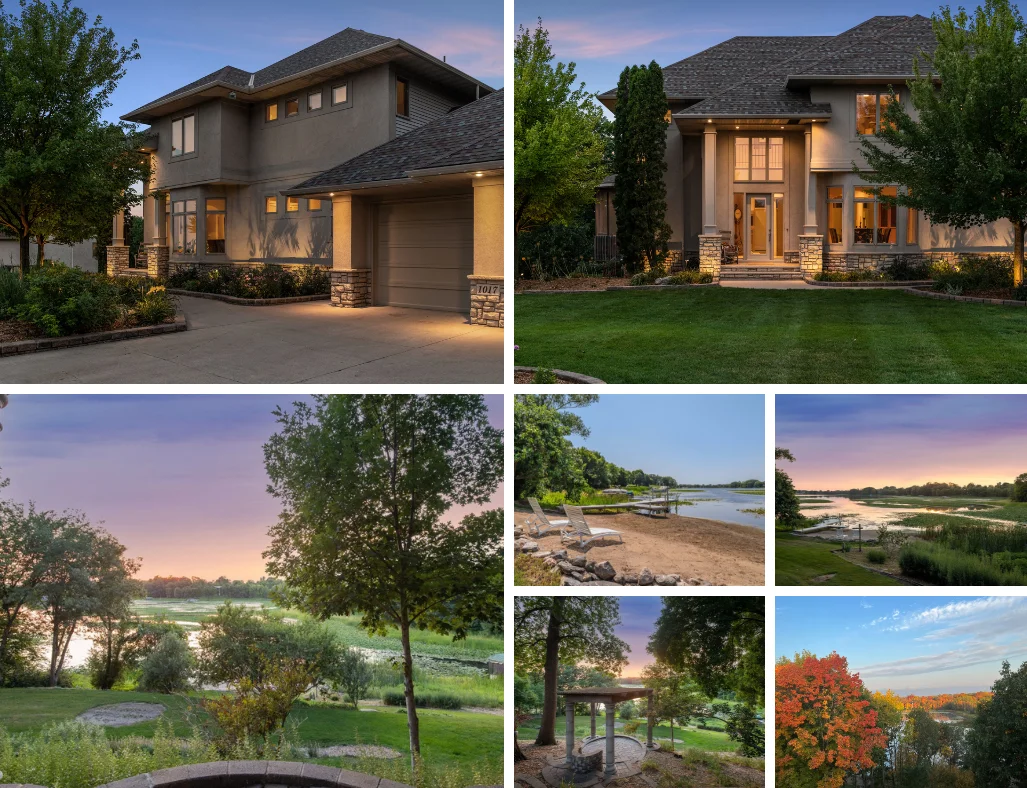 Amazing Sunsets await! Stunning twilight, lighting, landscaping, elegant custom home on the shores of Lake O'Dowd. Beautiful trees, lake serenity all seasons! Great south metro location on huge, private lot!