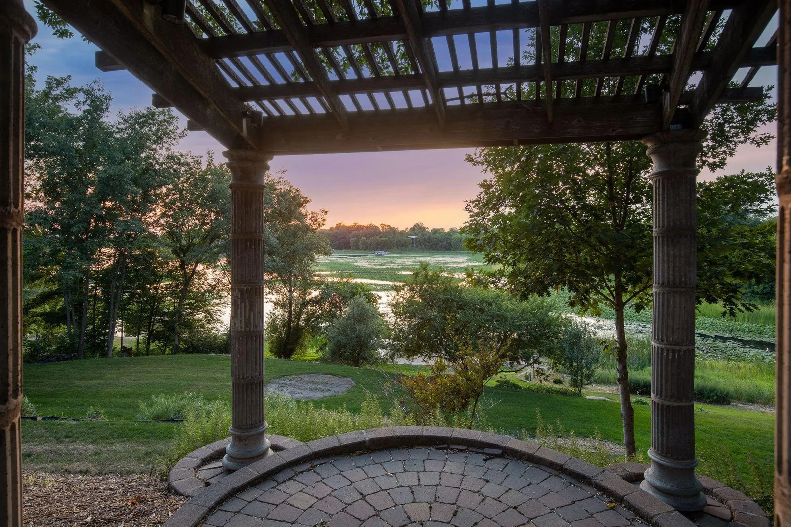 Beautiful twilight lake views from pergola.