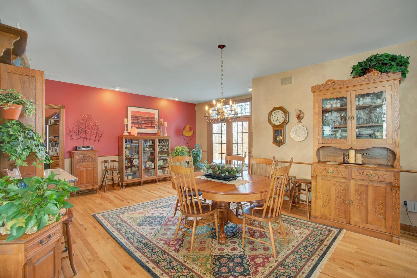 Dining room with sitting area and french doors to deck