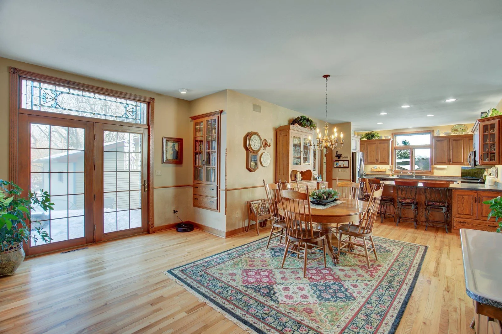 Dining room with sitting area and french doors to deck