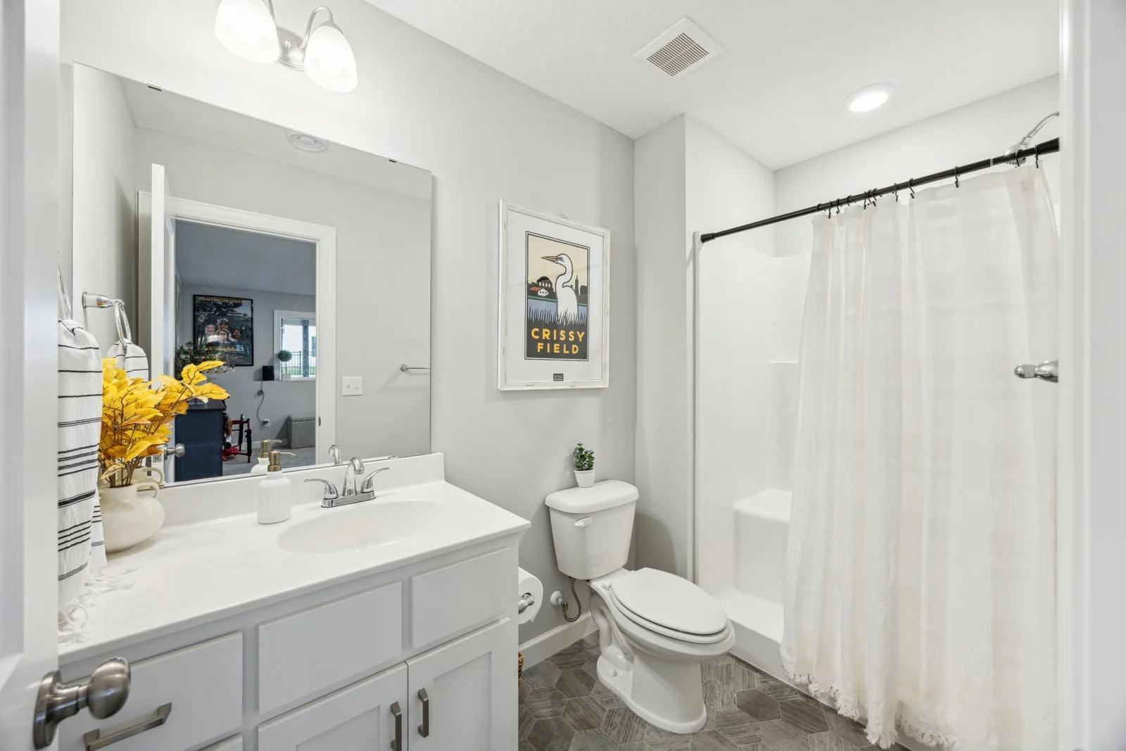 The lower level bathroom .