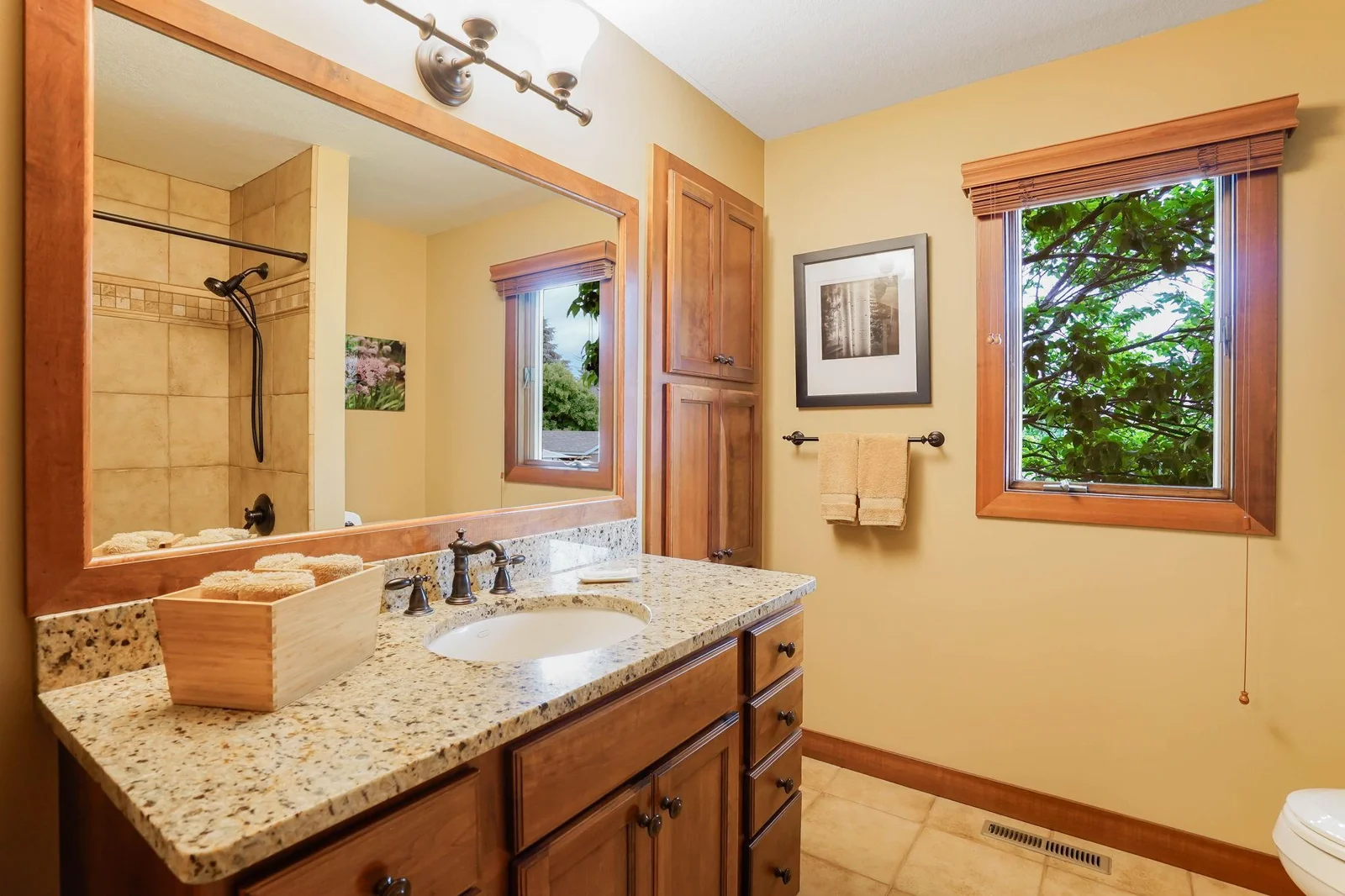 Ceramic shower, granite counters and ceramic floors  are so easy to maintain.