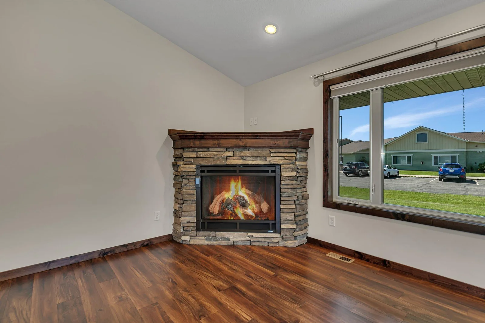 Gas fireplace with stone surround
