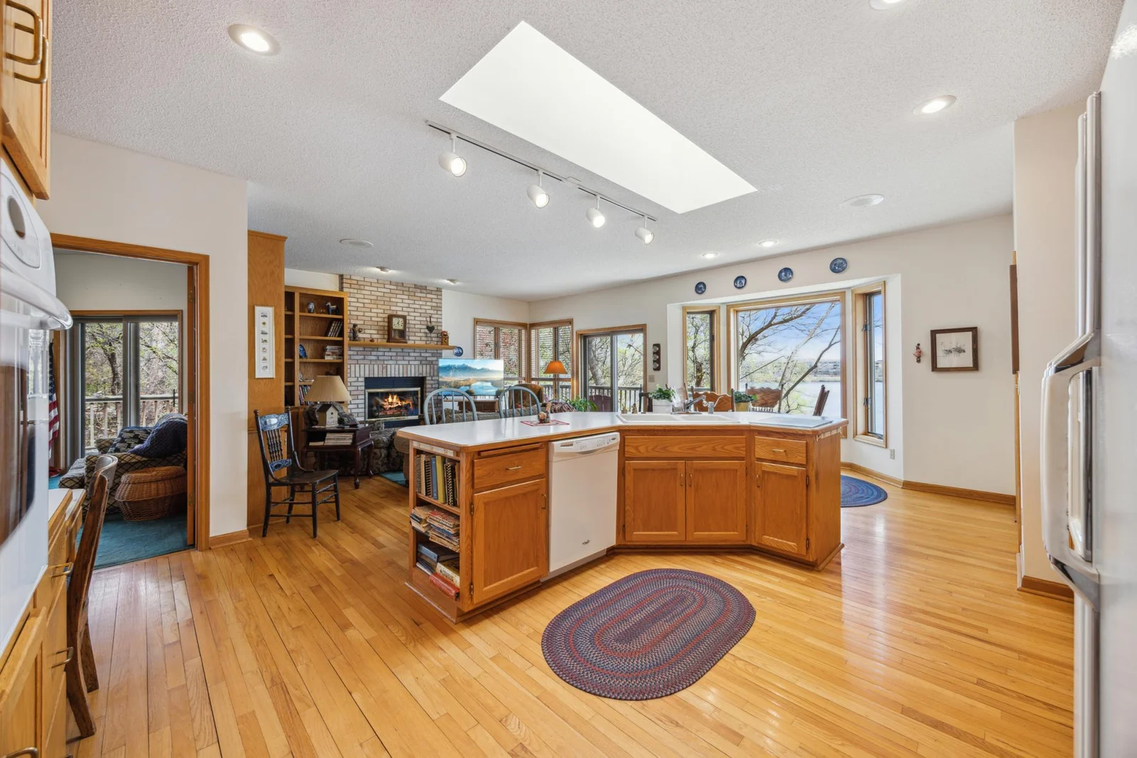 Kitchen is open to hearth area.