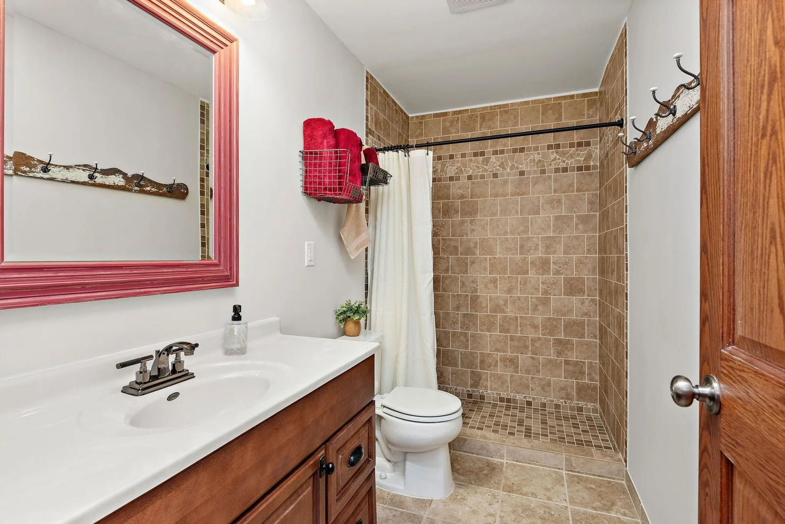 3/4 bathroom with heated tile floors and walk-in shower