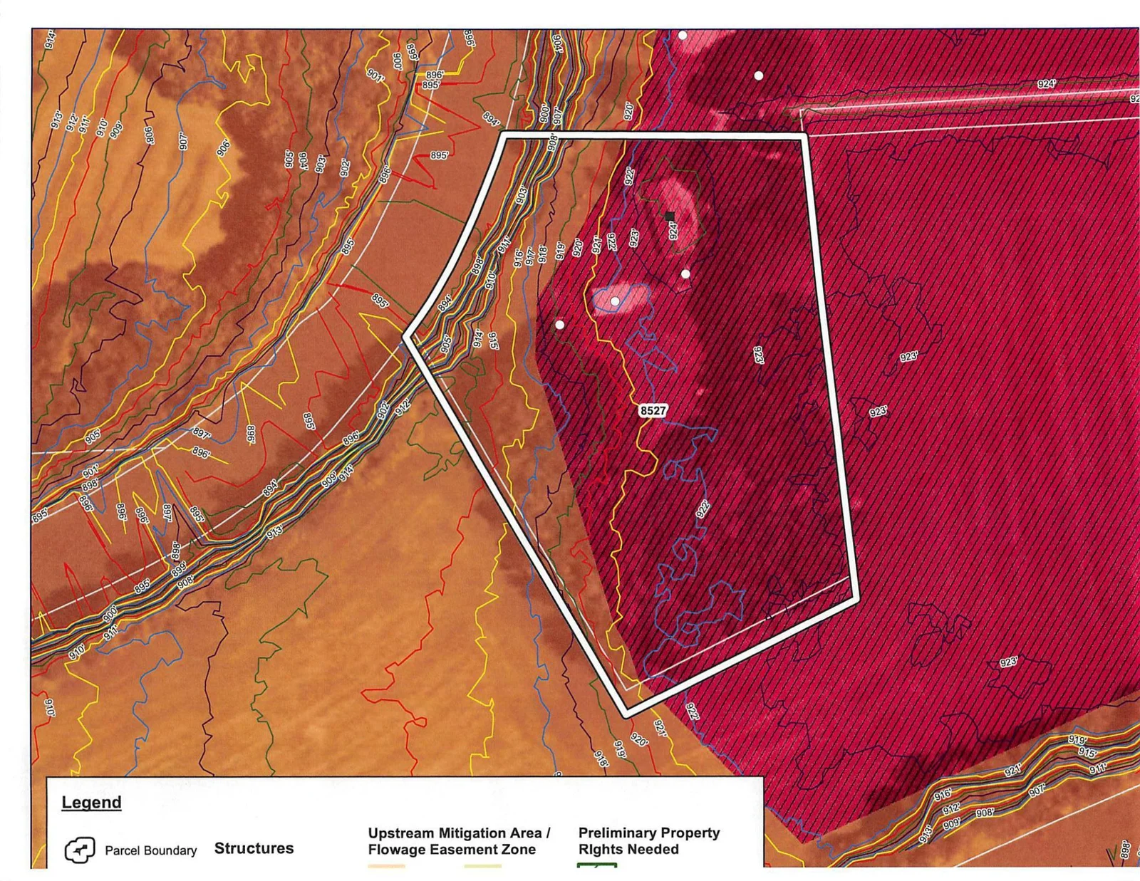 County map showing buildable areas in pink which have never flooded. Part of the diversion project.