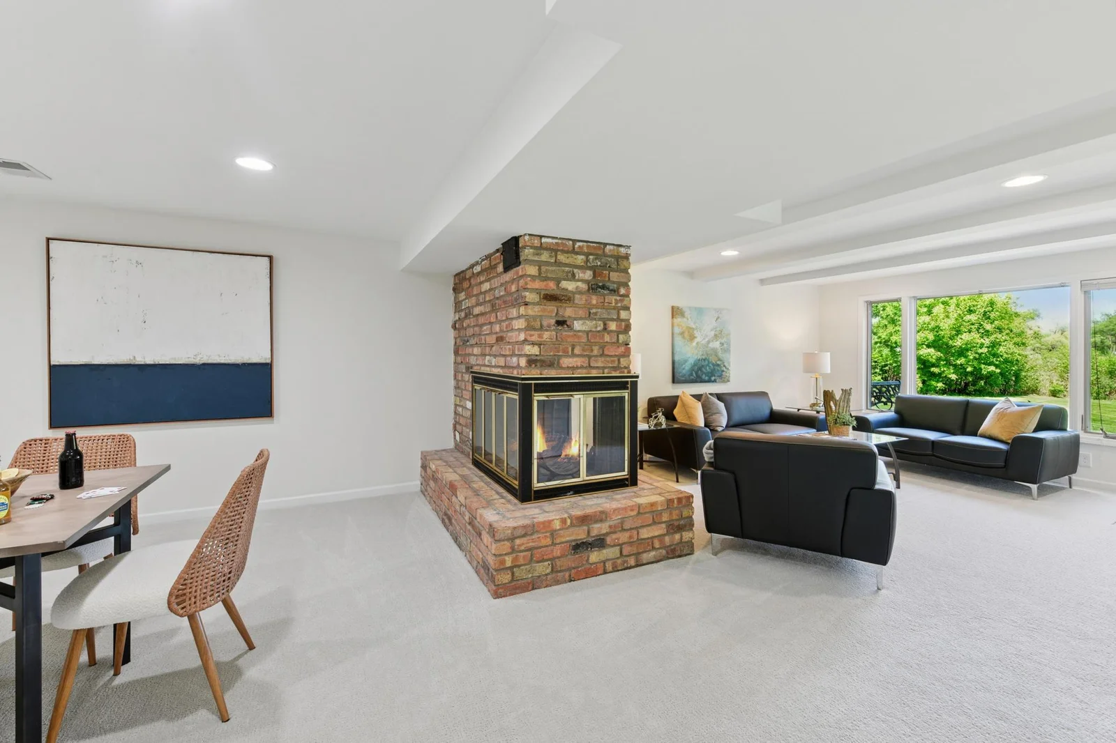 Double sided wood burning fireplace offer cozy warmth in the winter