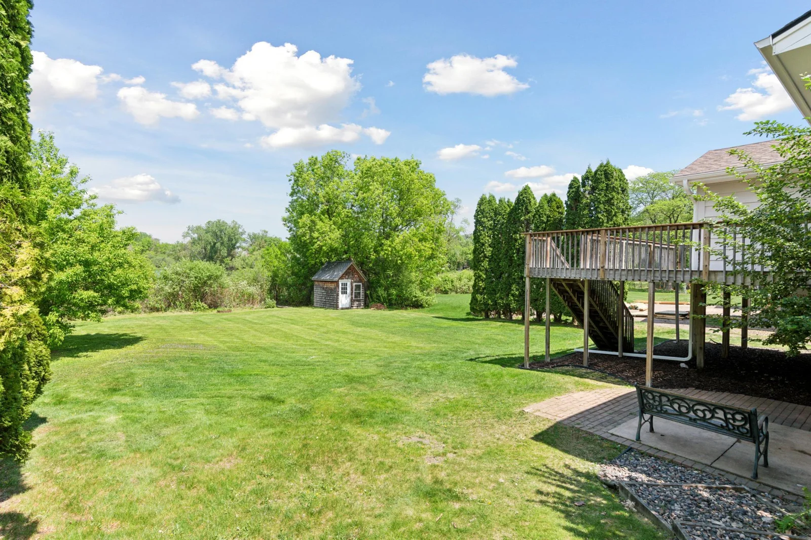 1/3 acre flat lot with arborvitaes flanking each side of the yard