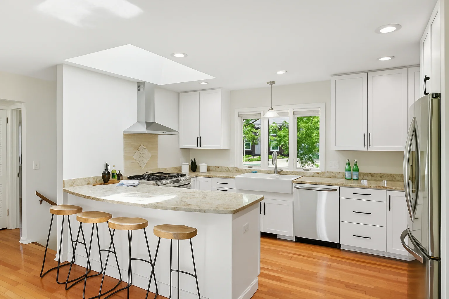 Updated kitchen with amazing skylight and breathtaking views of Pamela Pond - virtually enameled painted kitchen -