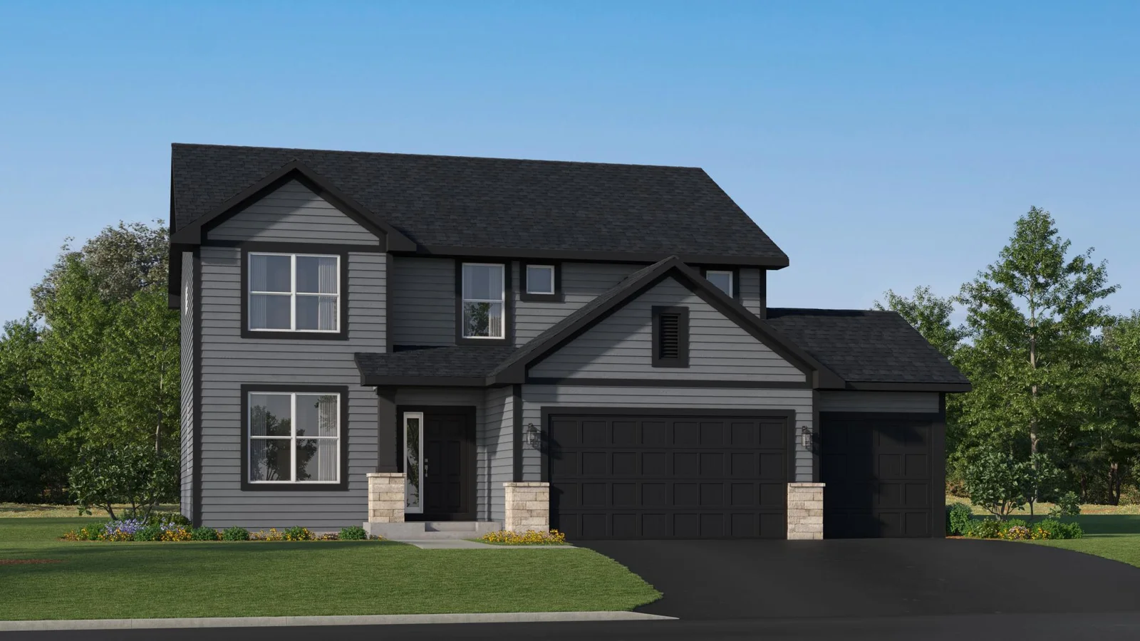 (Exterior rendering, actual homes finishes will vary) The Lewis has excellent curb appeal!