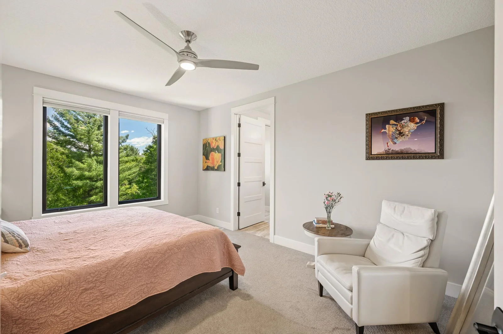 Lake view, ceiling fan, and ensuite