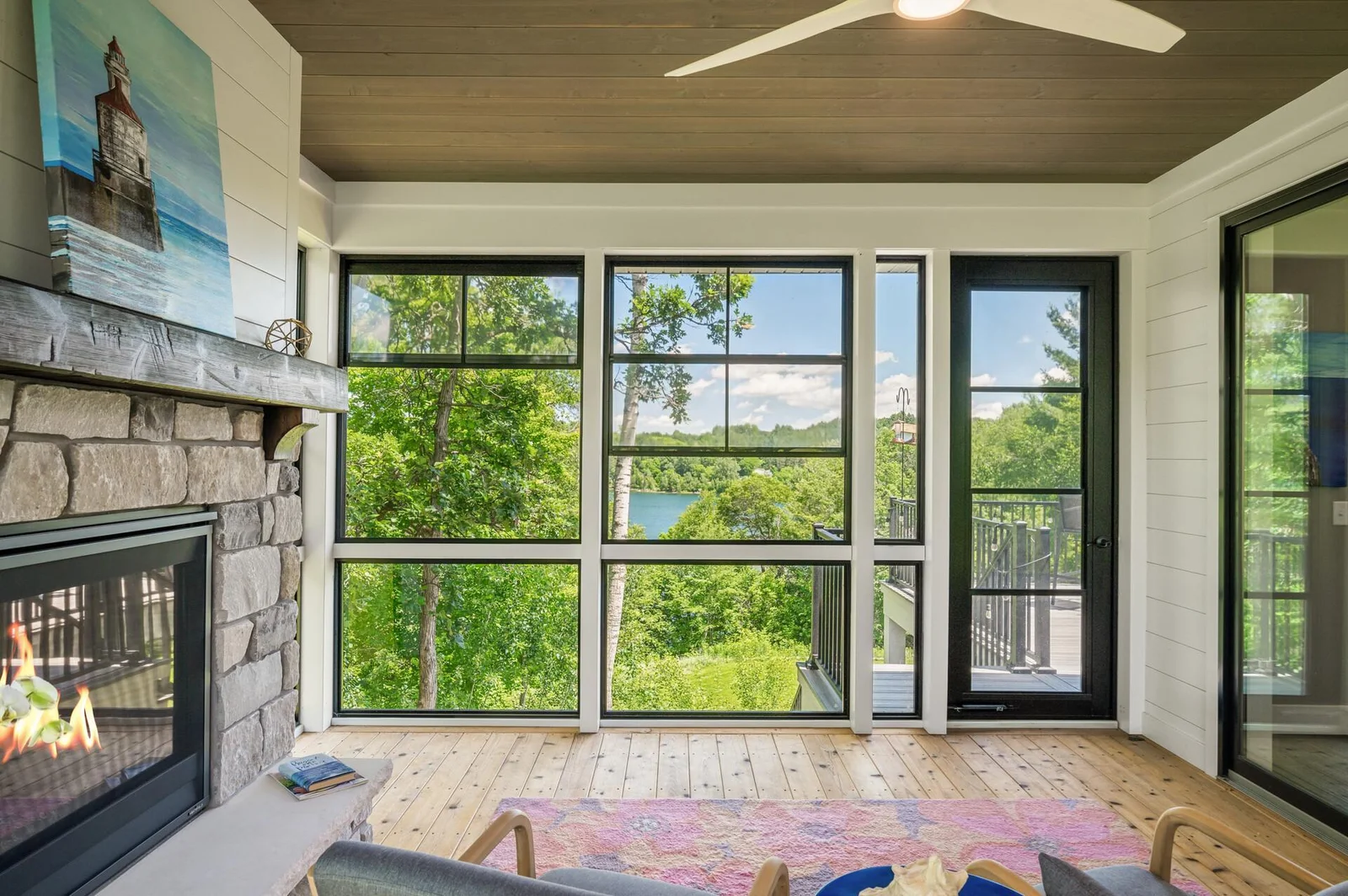 Deck access, windows slide up or down.