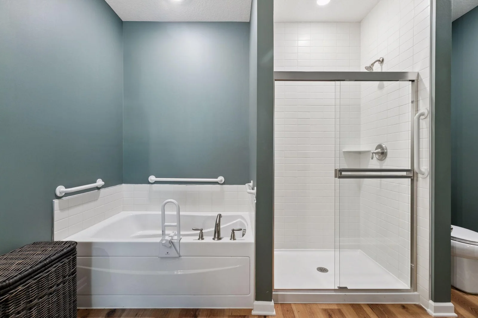 Soaking tub and walk-in shower in the Primary bath.