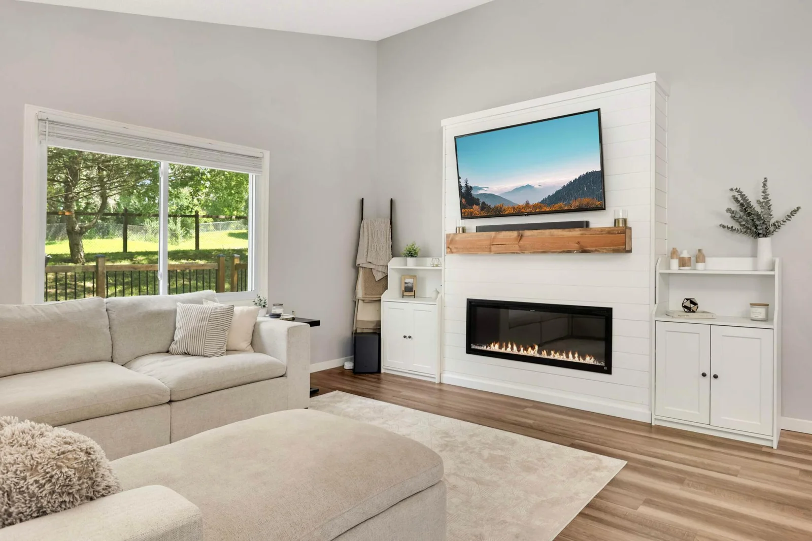 Cozy living room with new smart fireplace.