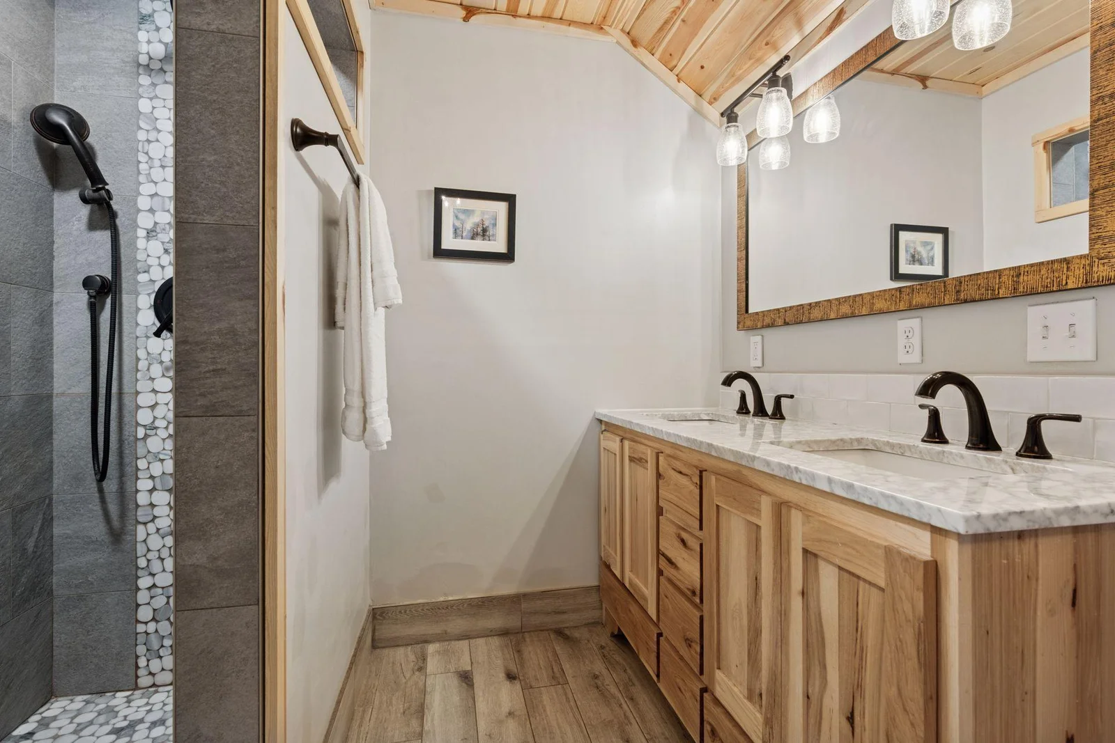 Double sinks with walk in shower, all ceramic tile