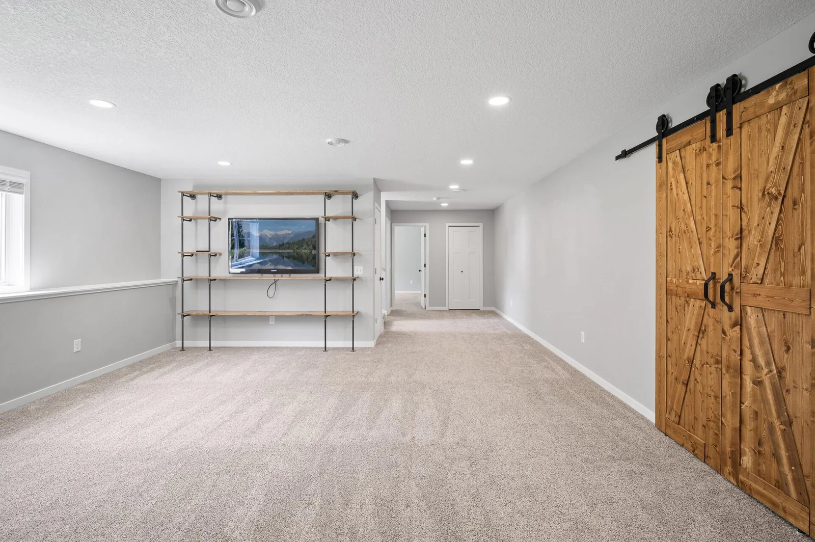 Another view of the lower level Family room with built in shelving and barn doors to oversized storage area