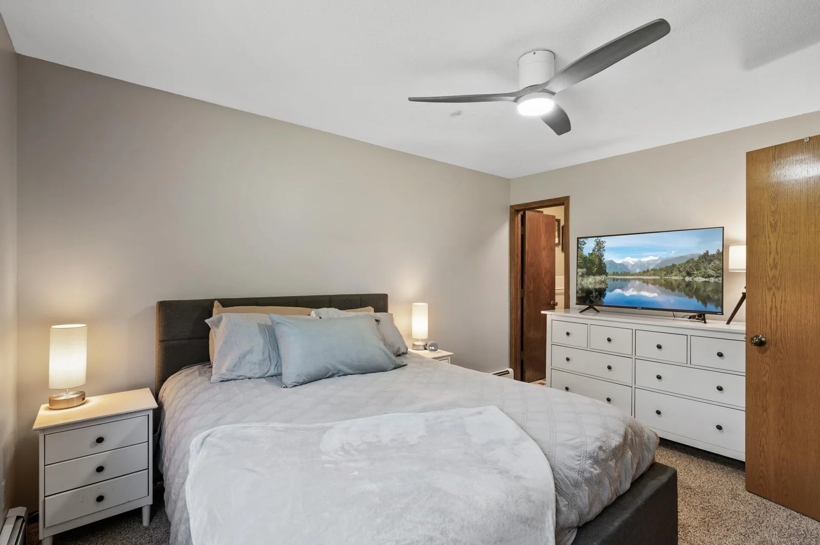 Sizeable space for large dresser and 3/4 bath