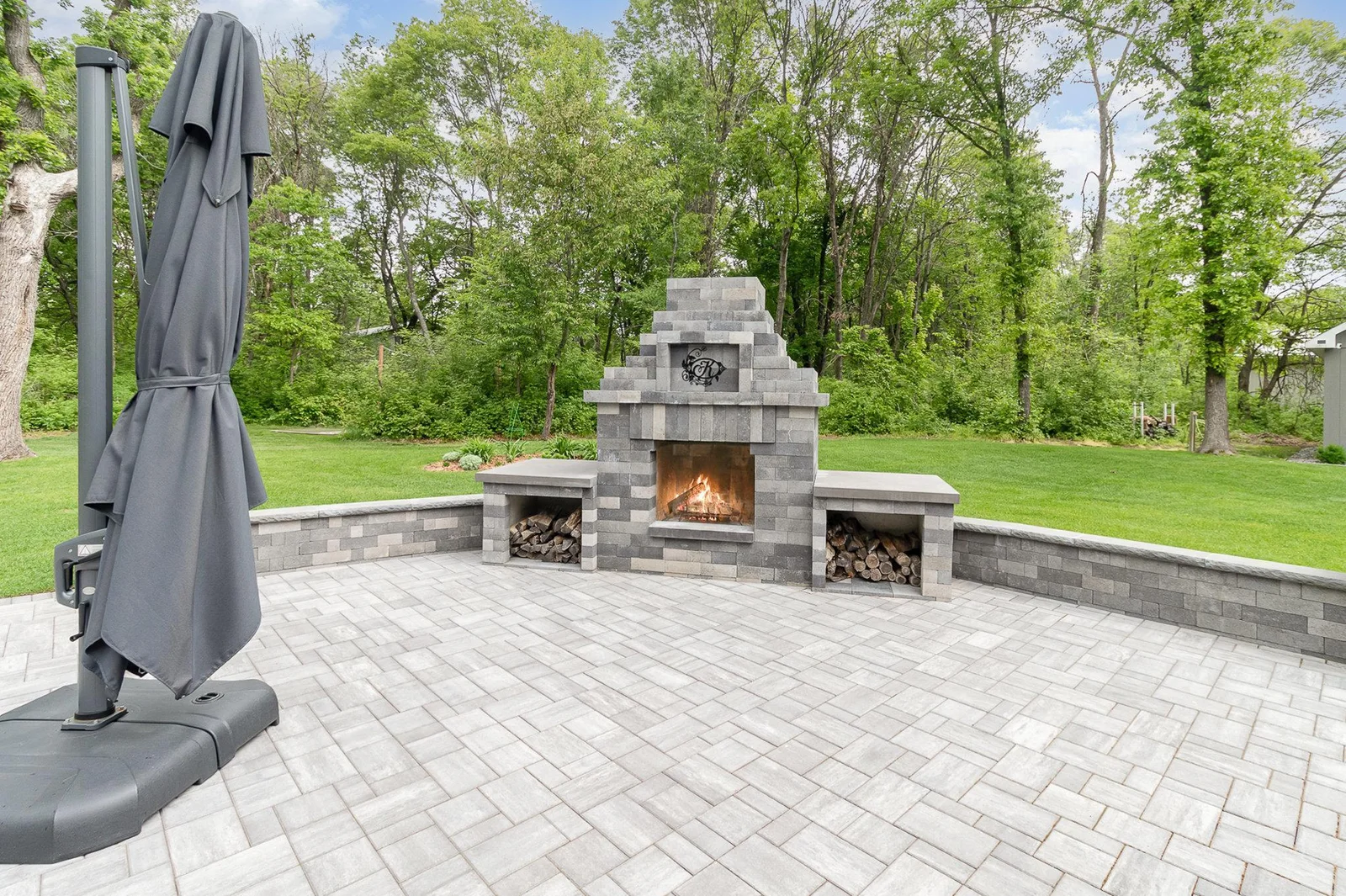Backyard patio fireplace