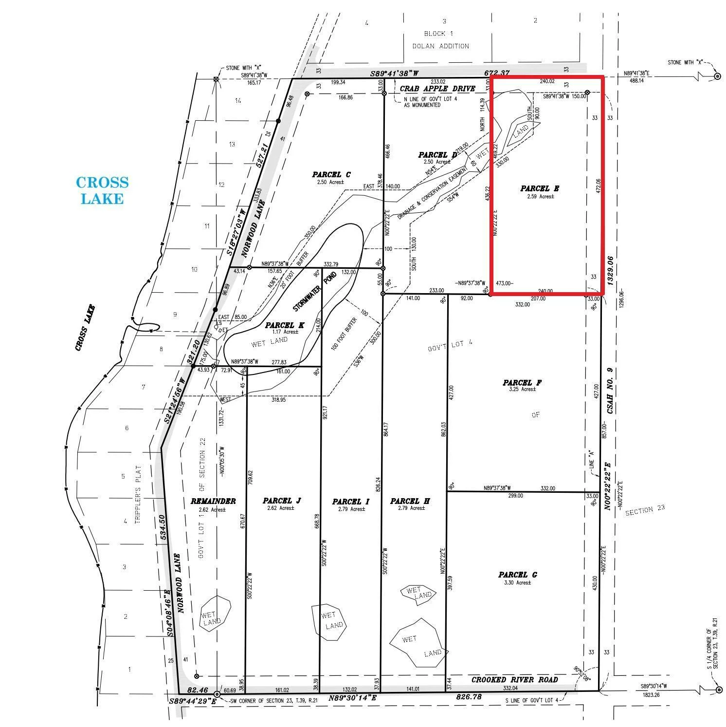 Lot E outlined in red