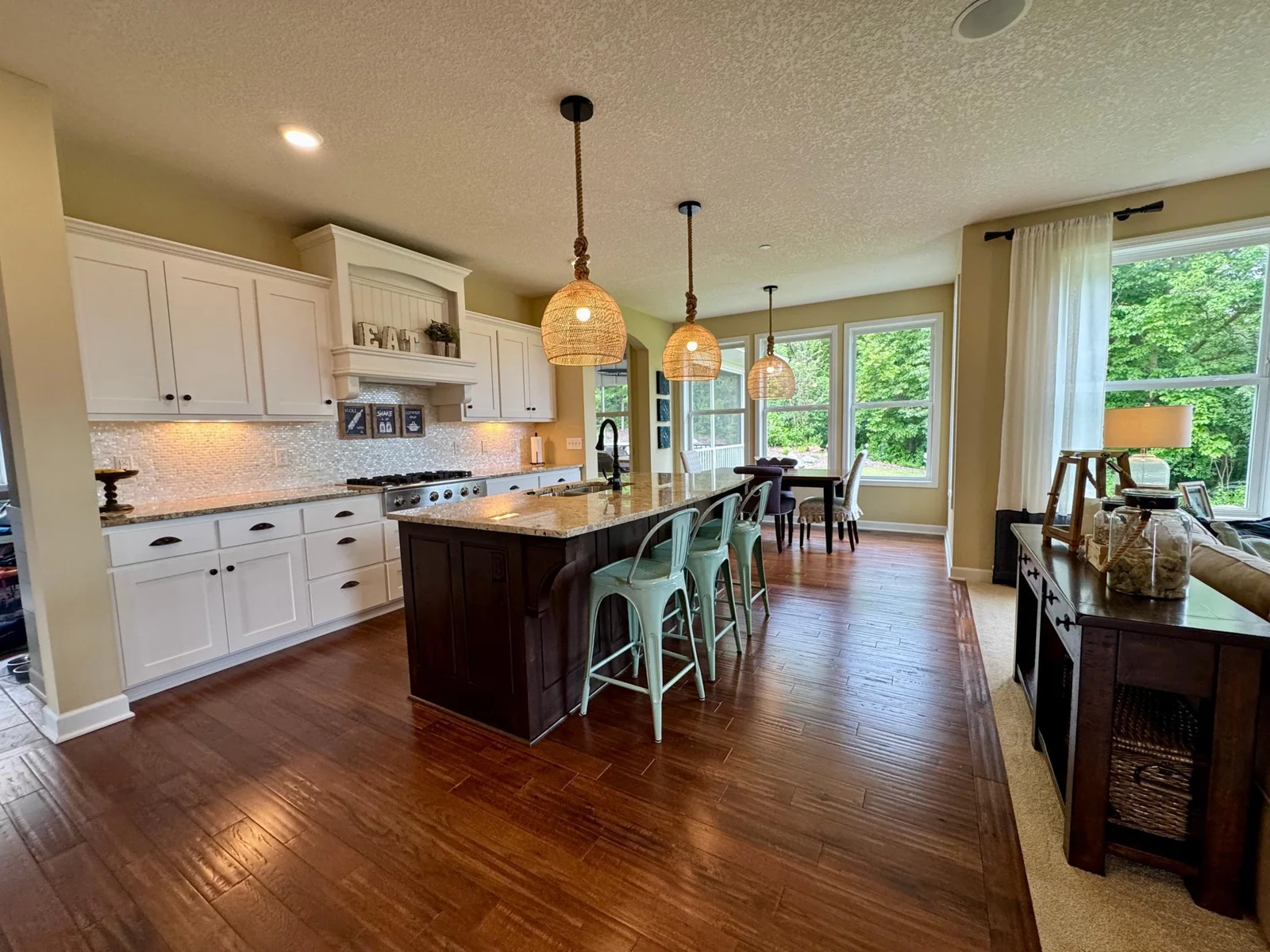 Handscraped Solid hickory hardwood floors.