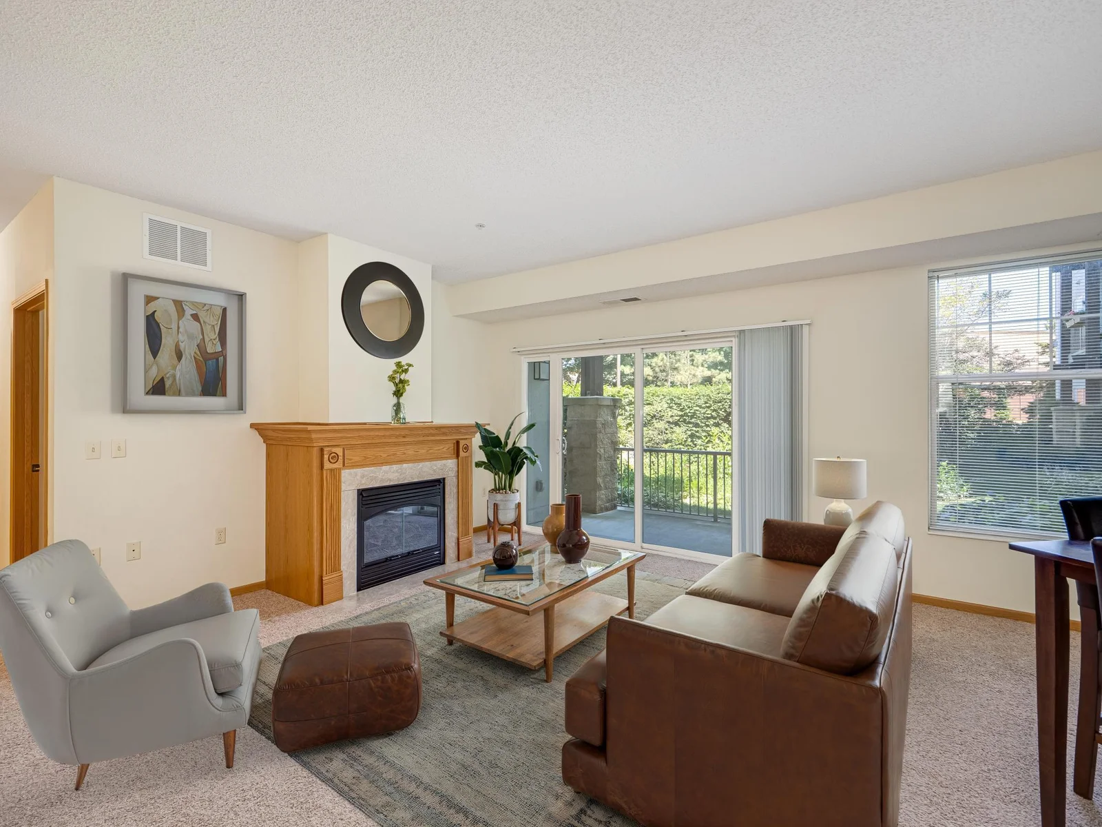 Virtually staged living room.  Relax by the fire!