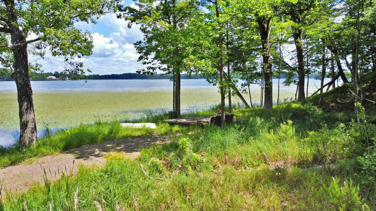 Water's edge with pathway and bridge leading to 175 feet of shoreline along Hammal Lake