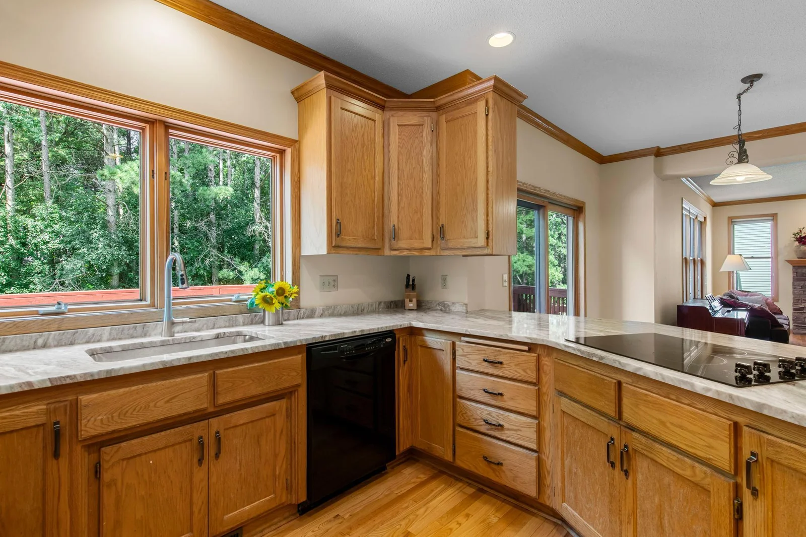 Kitchen sink with a beautiful view of the backyard space