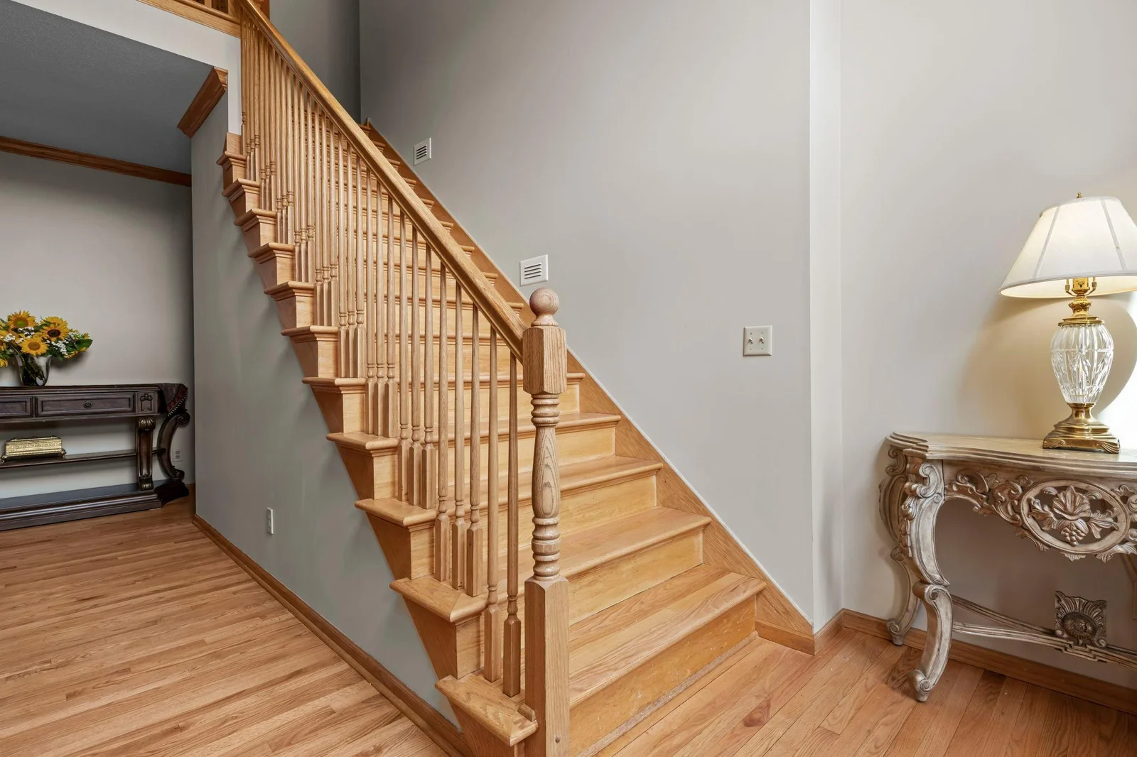 Front entry stairway with wood accents