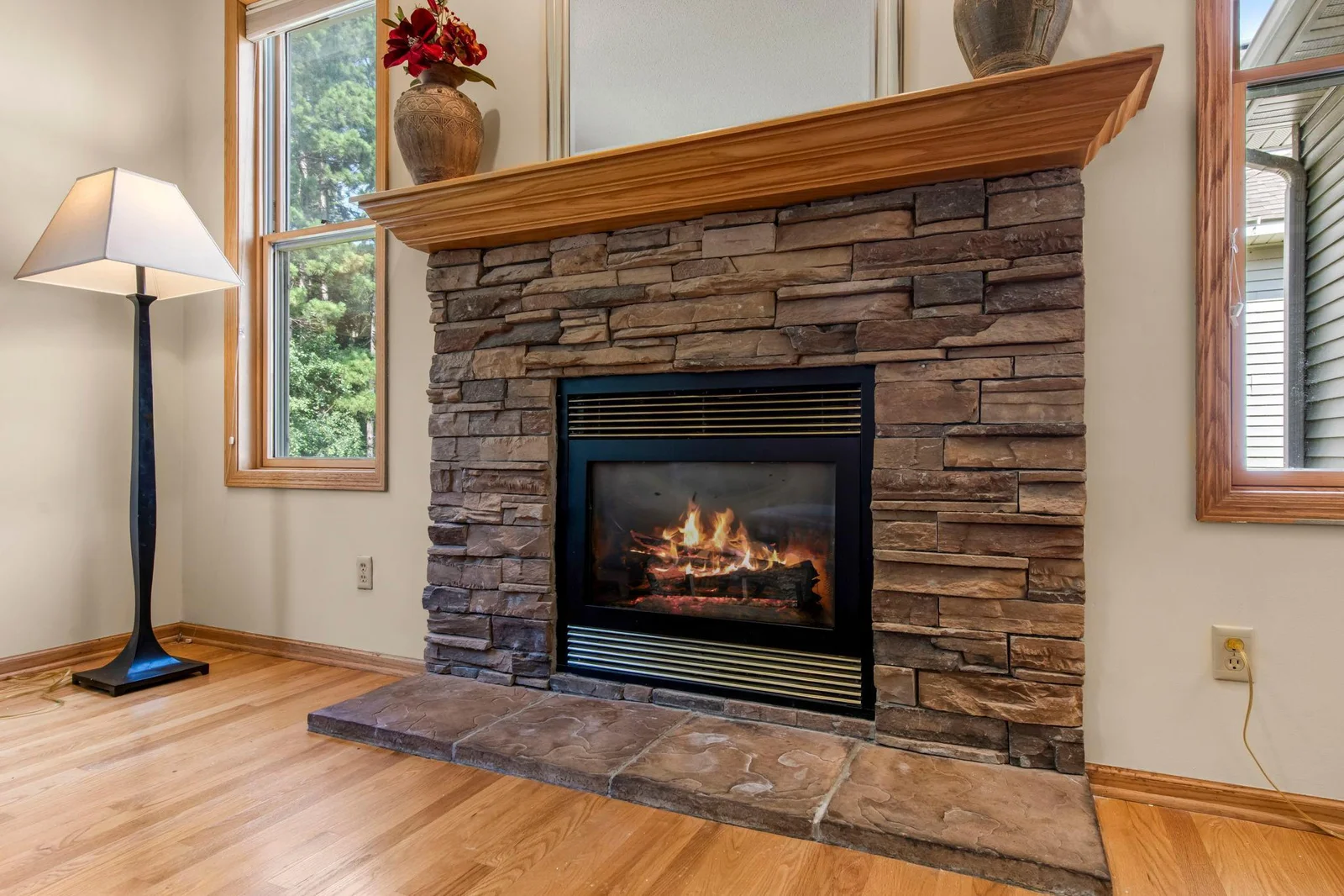 Living space also features a beautiful fire place