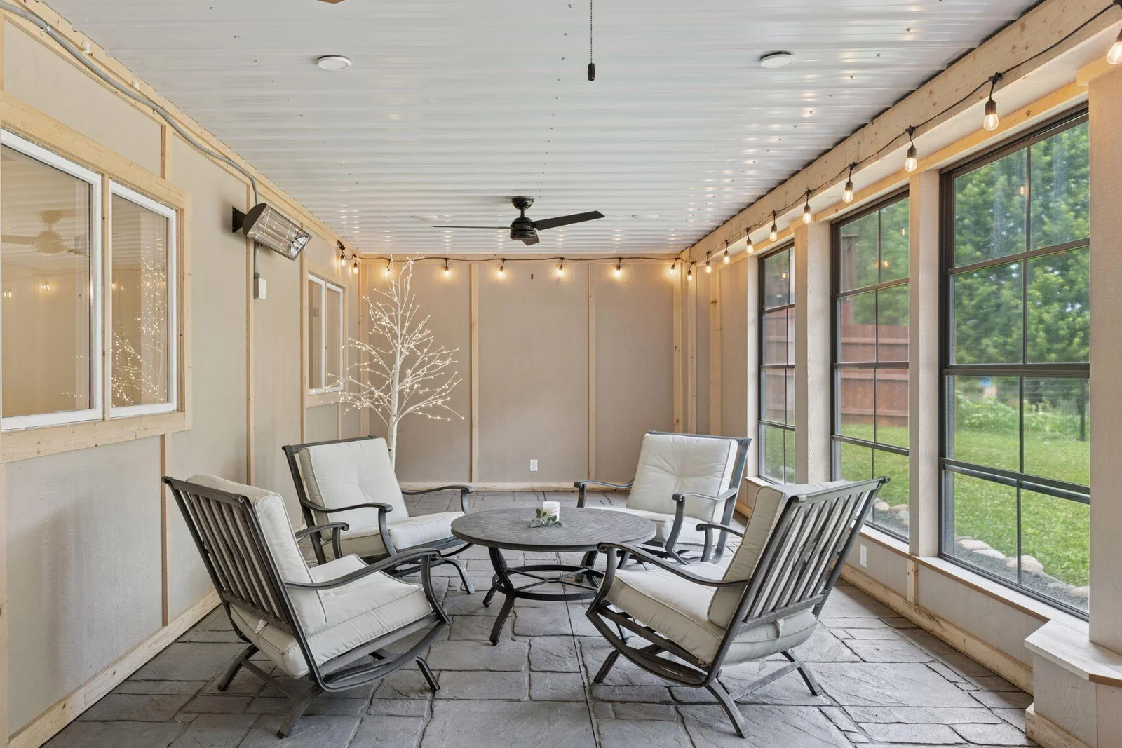 Mammoth 42’ three season porch w/stamped concrete floors, multiple wall-mounted heaters & Amazing EZ-Screen Porch Windows that are puncture resistant and actually stretch but don’t break!