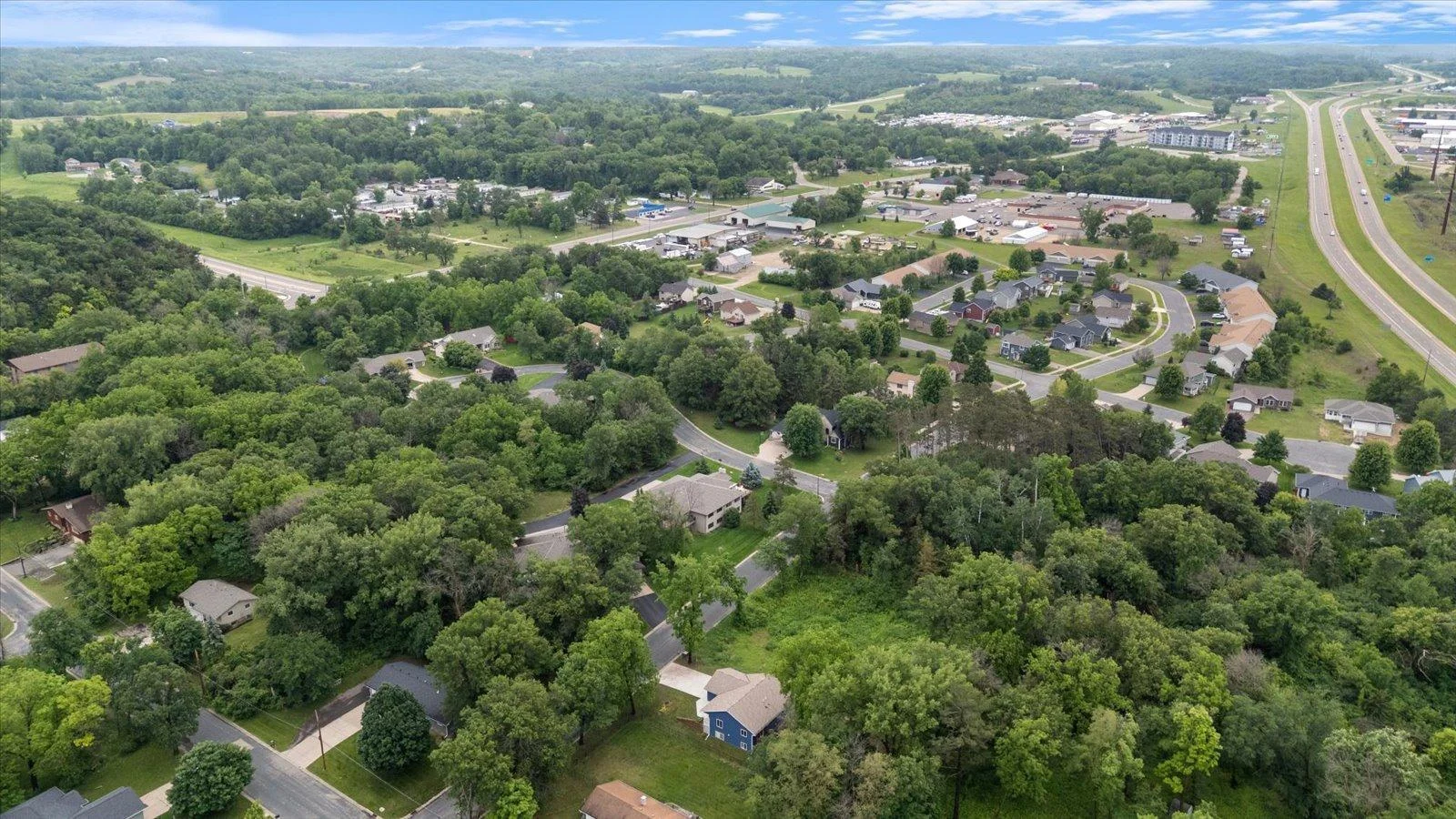 Drone shot of the home showing the proximity of the home to the main street of Cannon Falls.
