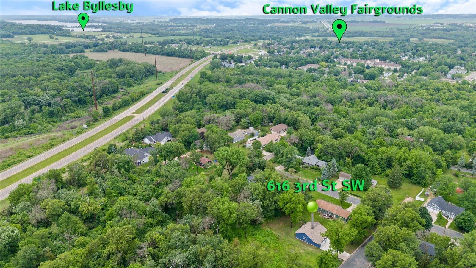 Aerial view of the home to show the location's proximity to the Cannon Falls Fairgrounds and Lake Byllesby.