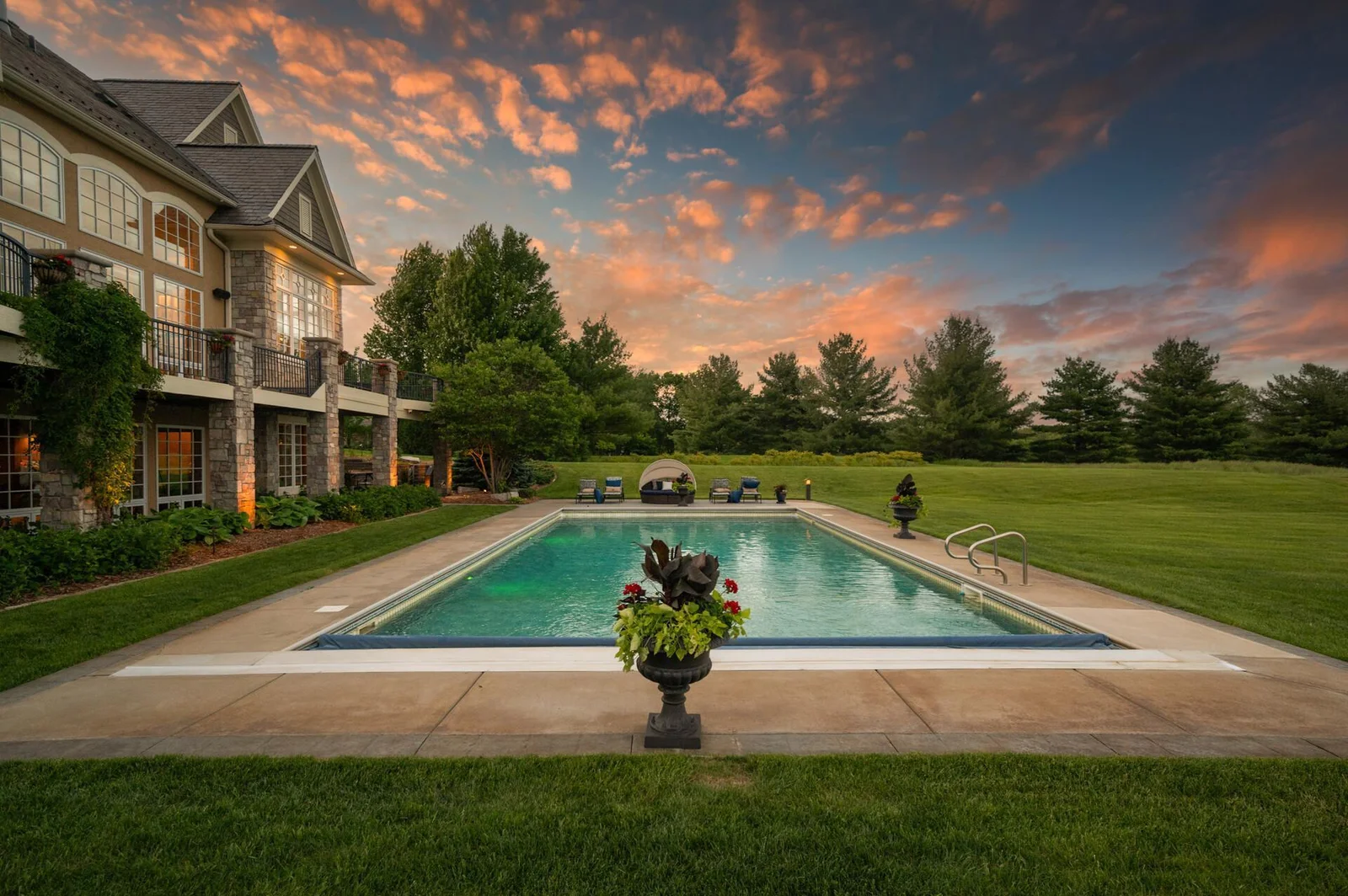 Find serenity as evening descends upon your private pool oasis.