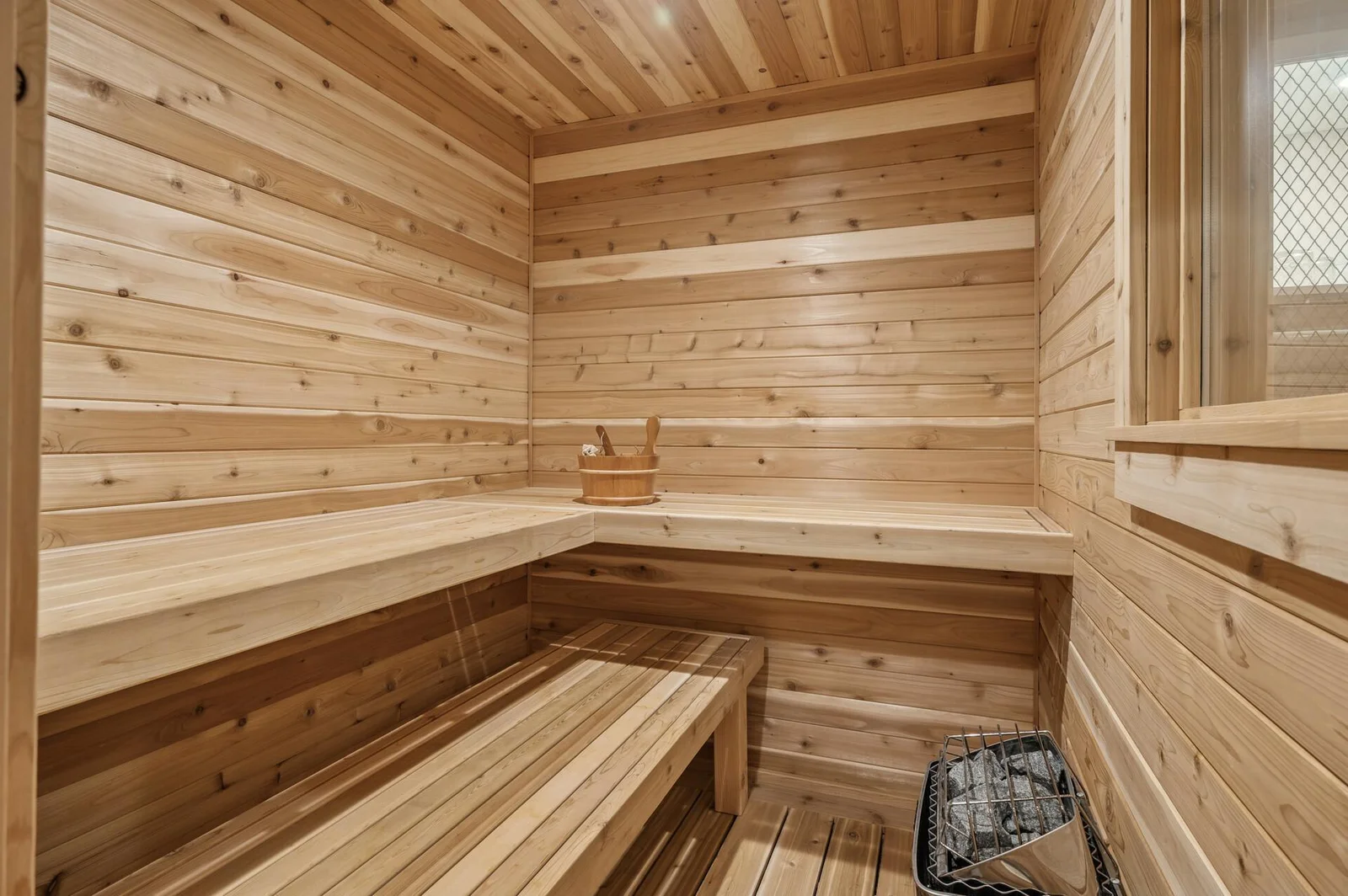 Cedar Sauna in lower level complete with large lookout window so you can steam and watch the game!