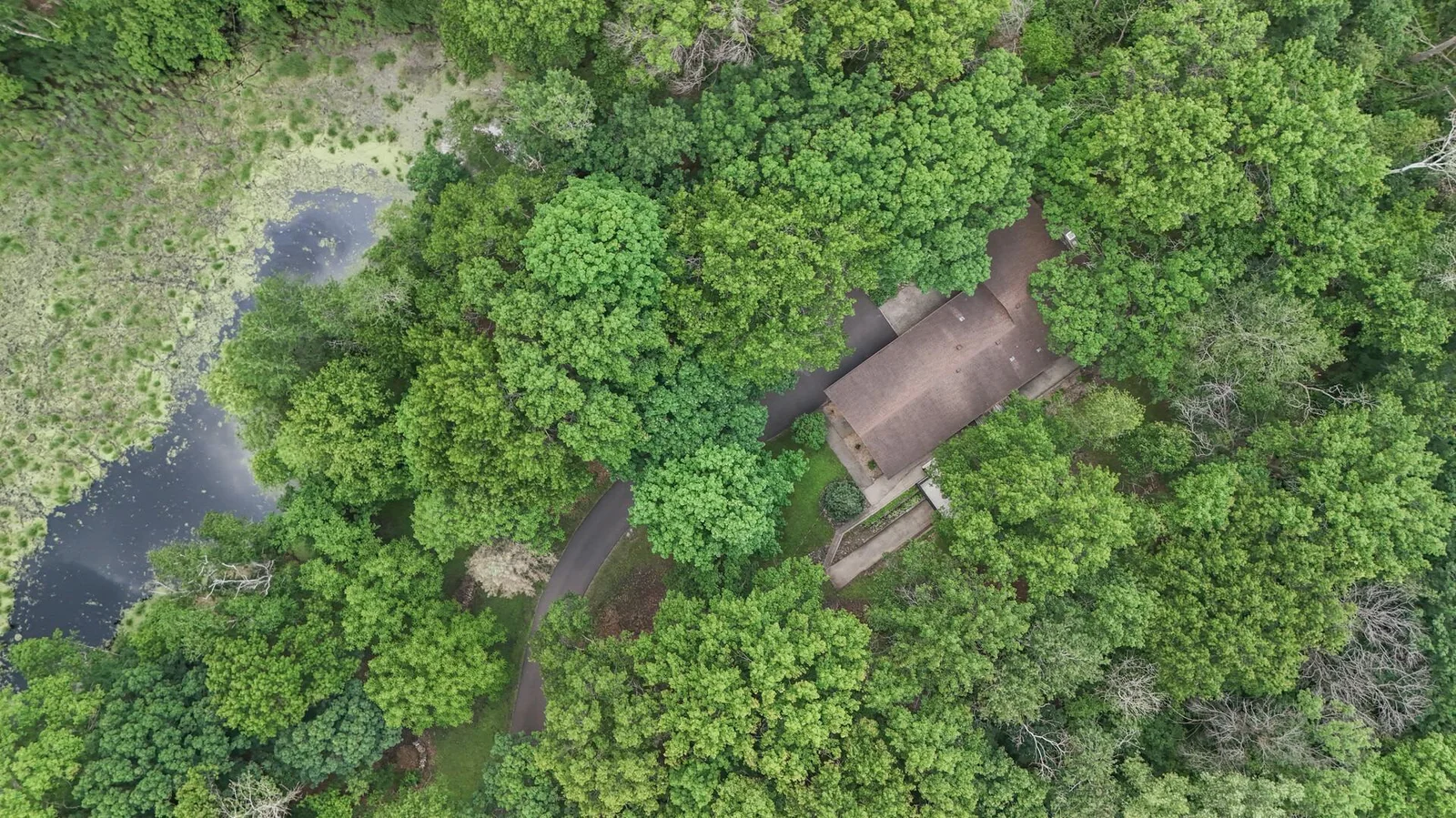 Aerial view of property, including private pond, long driveway and wooded acreage.